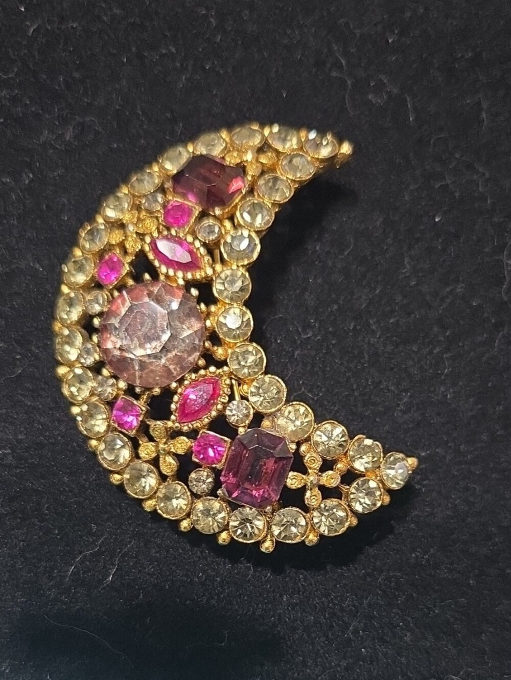 Vintage Gold-Tone Crescent Brooch with Pink and Clear Stones